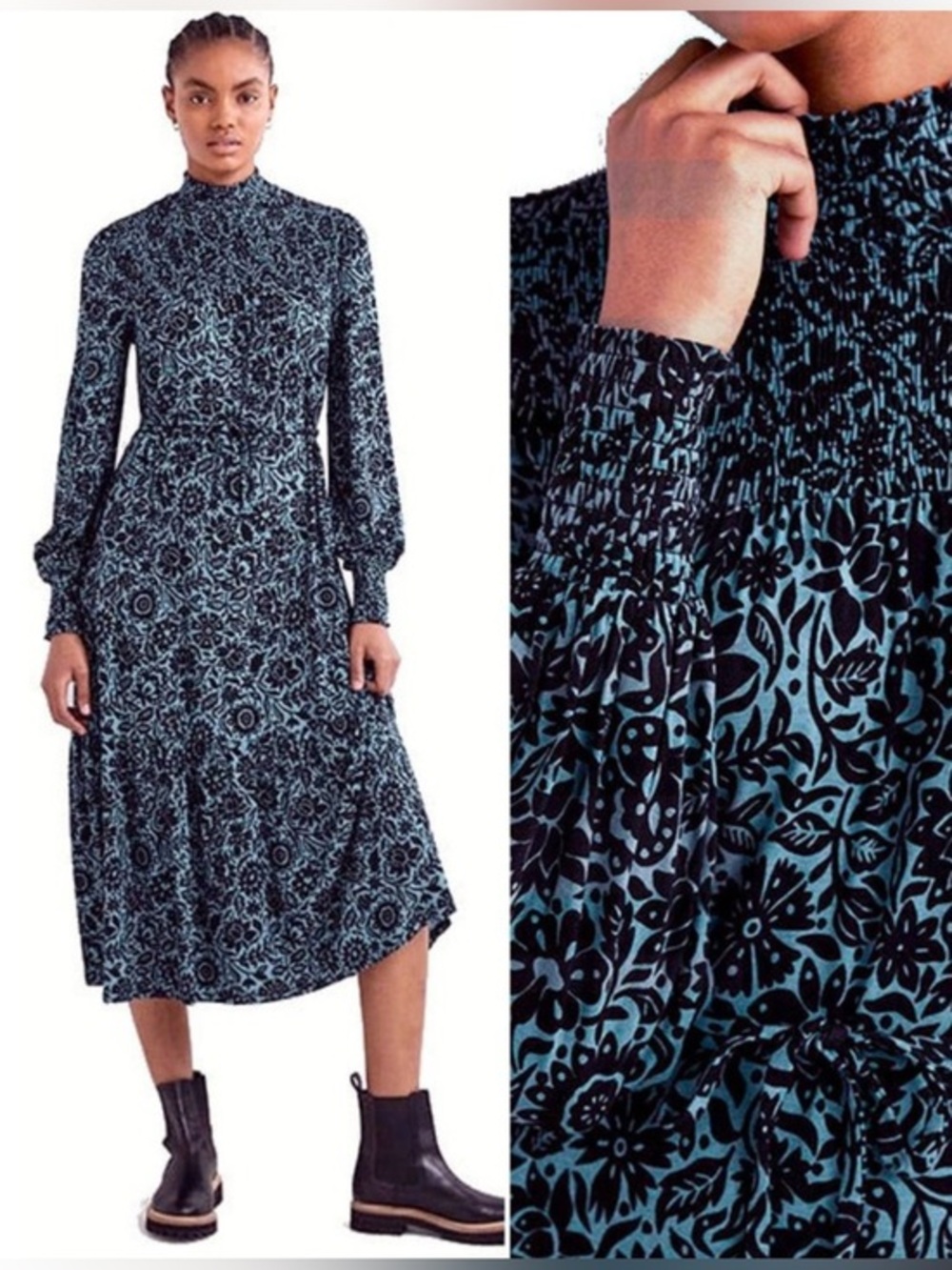 Boden Stretch Jersey Maxi Dress Folk Floral Pattern w/High Neck & Smocked Sz 10